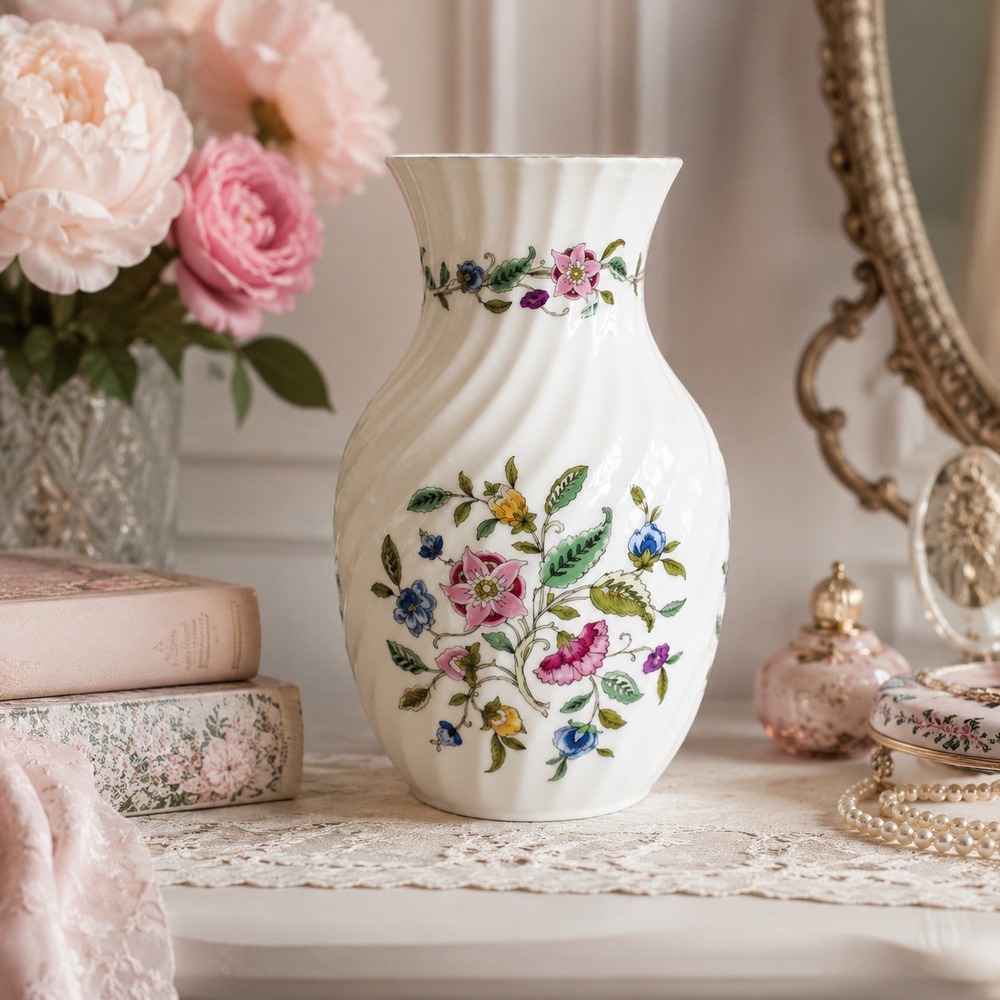 Minton Haddon Hall Floral Vase Bone China Swirl Made in England 8 Inch Vintage